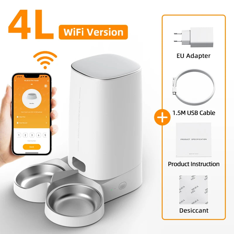Karmnik dla dwóch kotów — dwie miski ze stali, WiFi, zbiornik 4 L